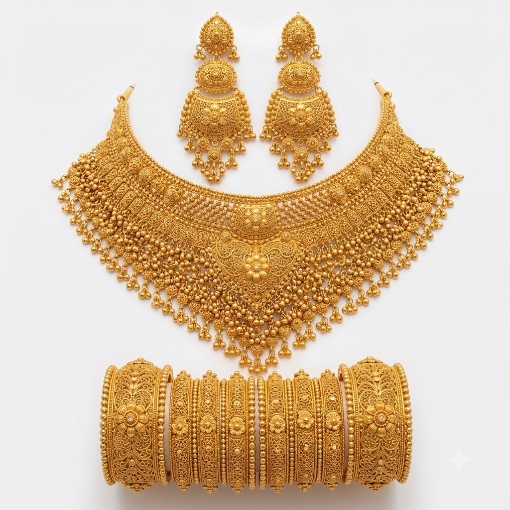 Rajasthani 22K gold bridal necklace and earrings set — Ronak Jewellers Suratgarh